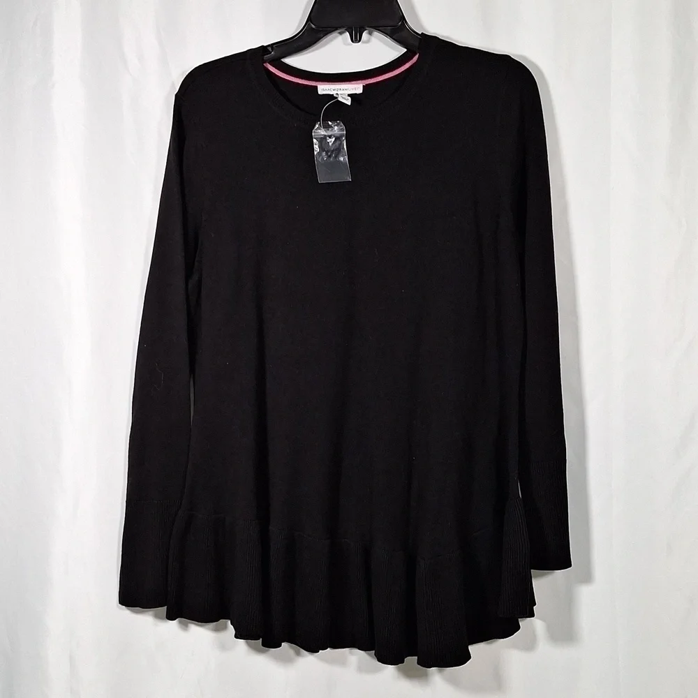 💚 Isaac Mizrahi Live Sweater Tunic Top Women's  Black Ruffle Flare Hem